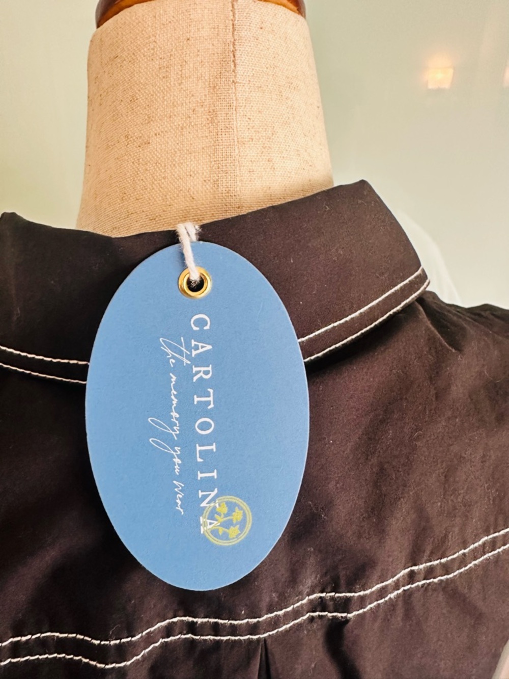 New w tags. Cotton, Black Button-Front Shirt Dress with White Contrast Stitching - Picture 5 of 7